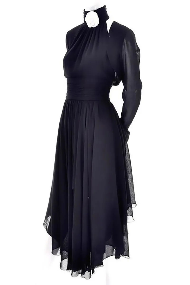 1994 Chanel Vintage Halter Dress Asymmetrical Hemline Camellia Bolero Jacket 36
