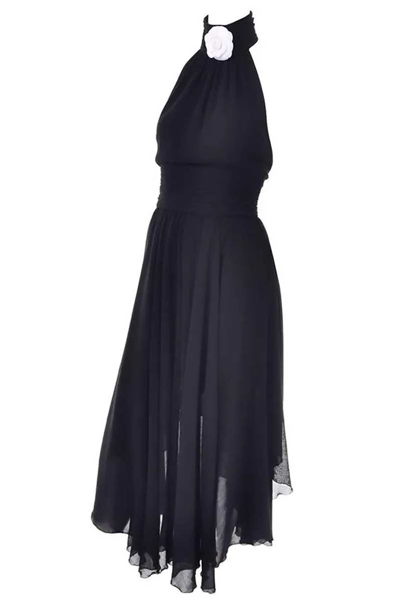 1994 Chanel Vintage Halter Dress Asymmetrical Hemline Camellia Bolero Jacket 36