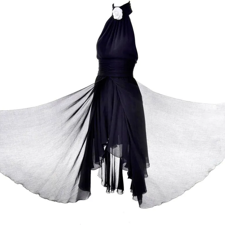 1994 Chanel Vintage Halter Dress Asymmetrical Hemline Camellia Bolero Jacket 36