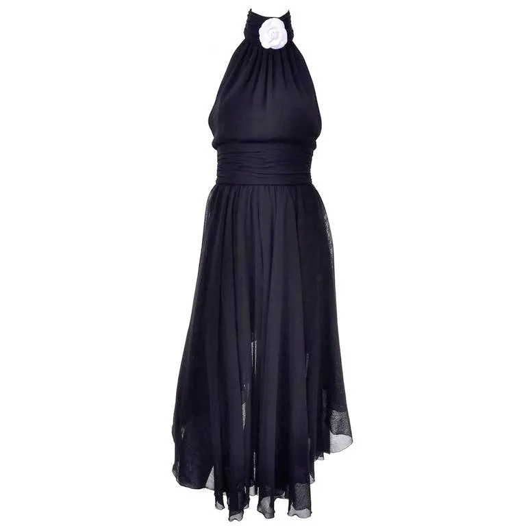 1994 Chanel Vintage Halter Dress Asymmetrical Hemline Camellia Bolero Jacket 36