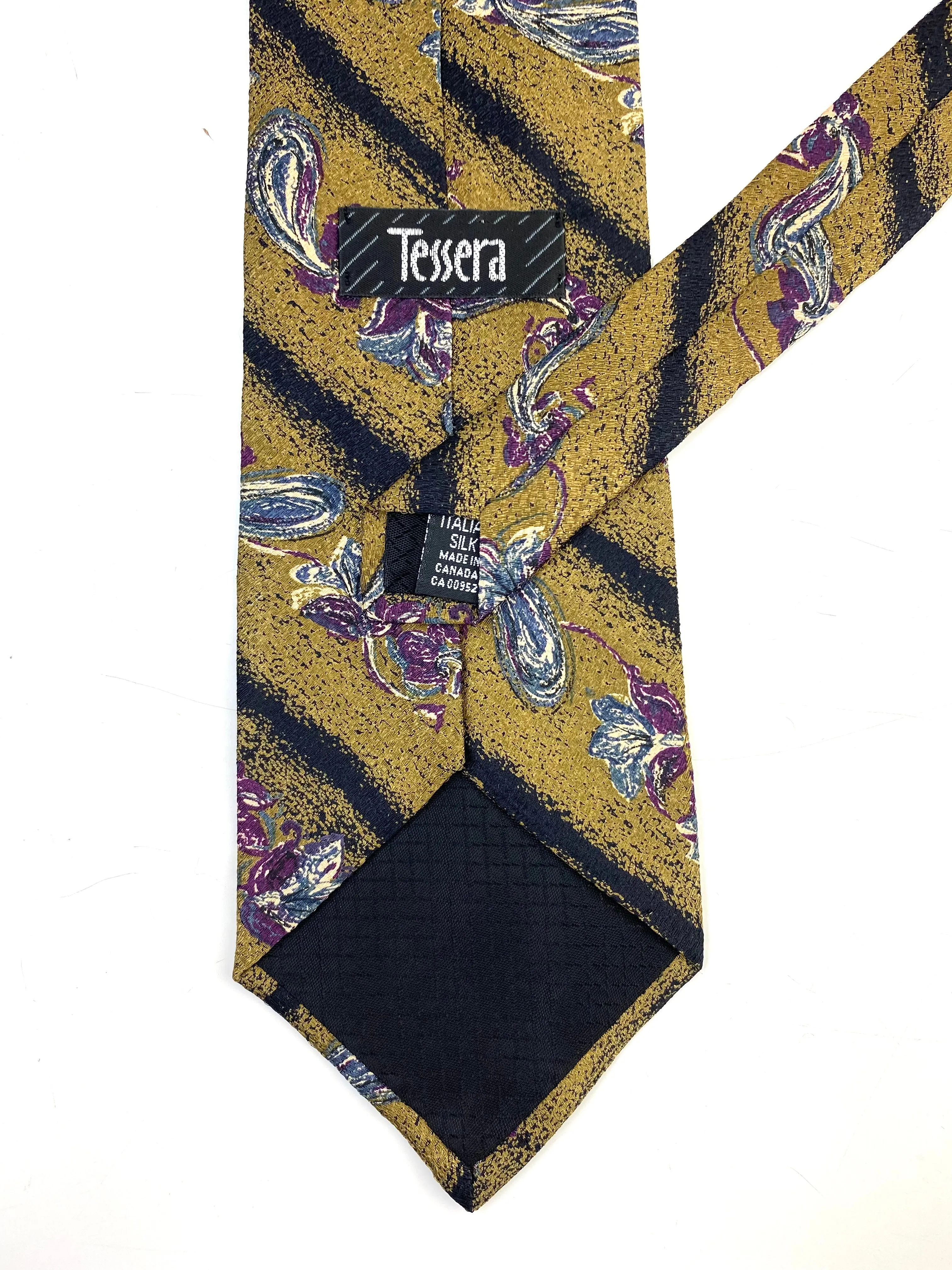 90s Deadstock Silk Necktie, Men's Vintage Gold Diagonal Stripe/ Floral Boteh Tie, NOS