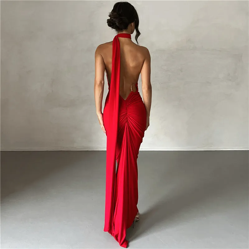 Backless Halter Sheath Slim Fit Maxi  Dress