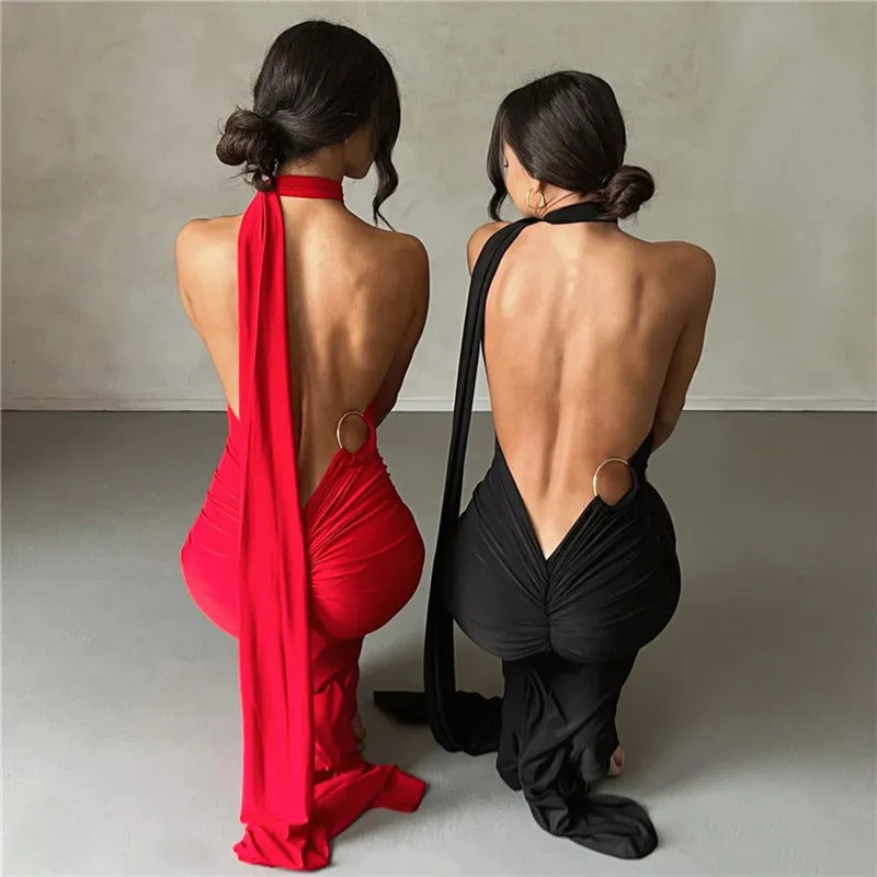 Backless Halter Sheath Slim Fit Maxi  Dress