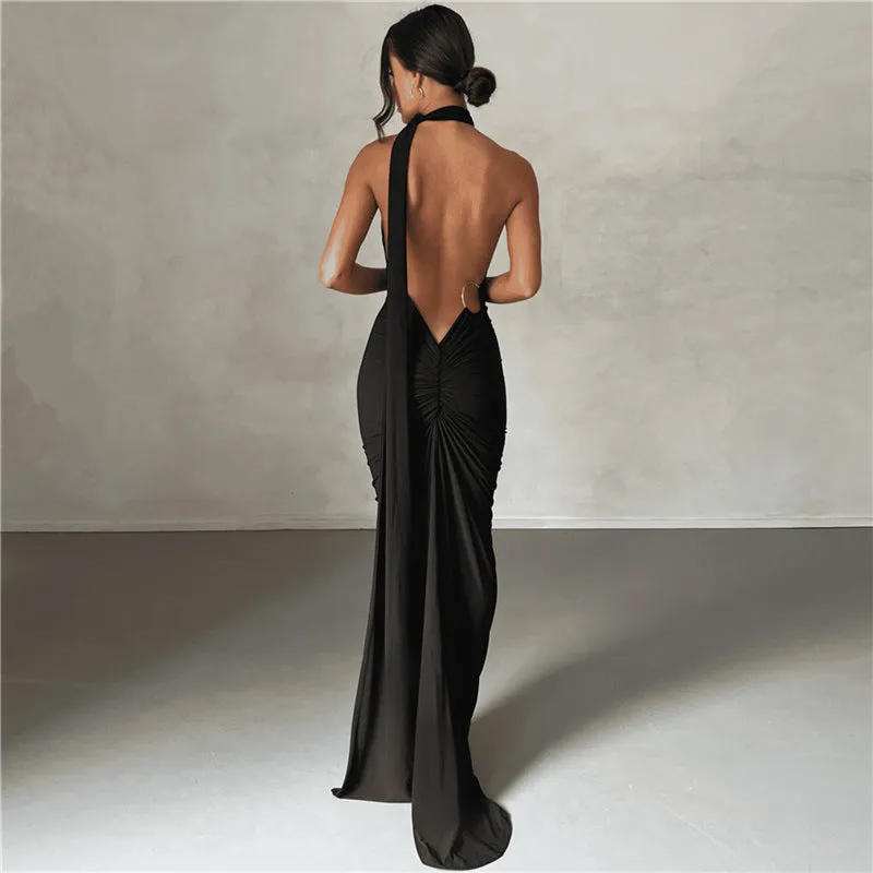 Backless Halter Sheath Slim Fit Maxi  Dress