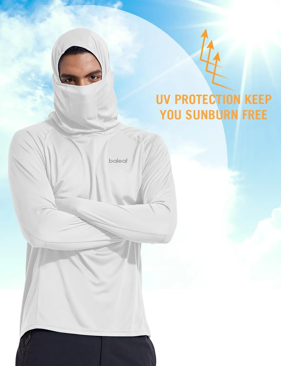 baleaf Men's Sun Protection Hoodie Shirt UPF 50  Long Sleeve UV SPF T-Shirts with Mask Rash Guard Fishing Lightweight