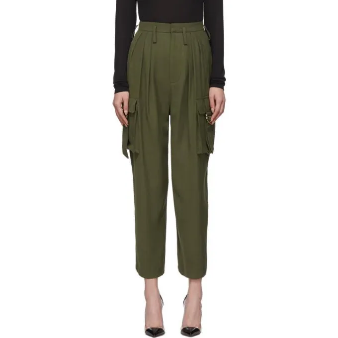 Balmain Khaki Wool High Waist Cargo Trousers