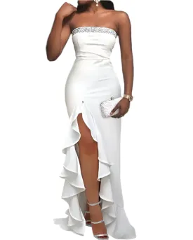 Bandeau Glitter Evening Dress For Women, High Slit Sleeveless Party Gown With Ruffles, Slash Neck Slim-Fit Asymmetrical Flounced Hem