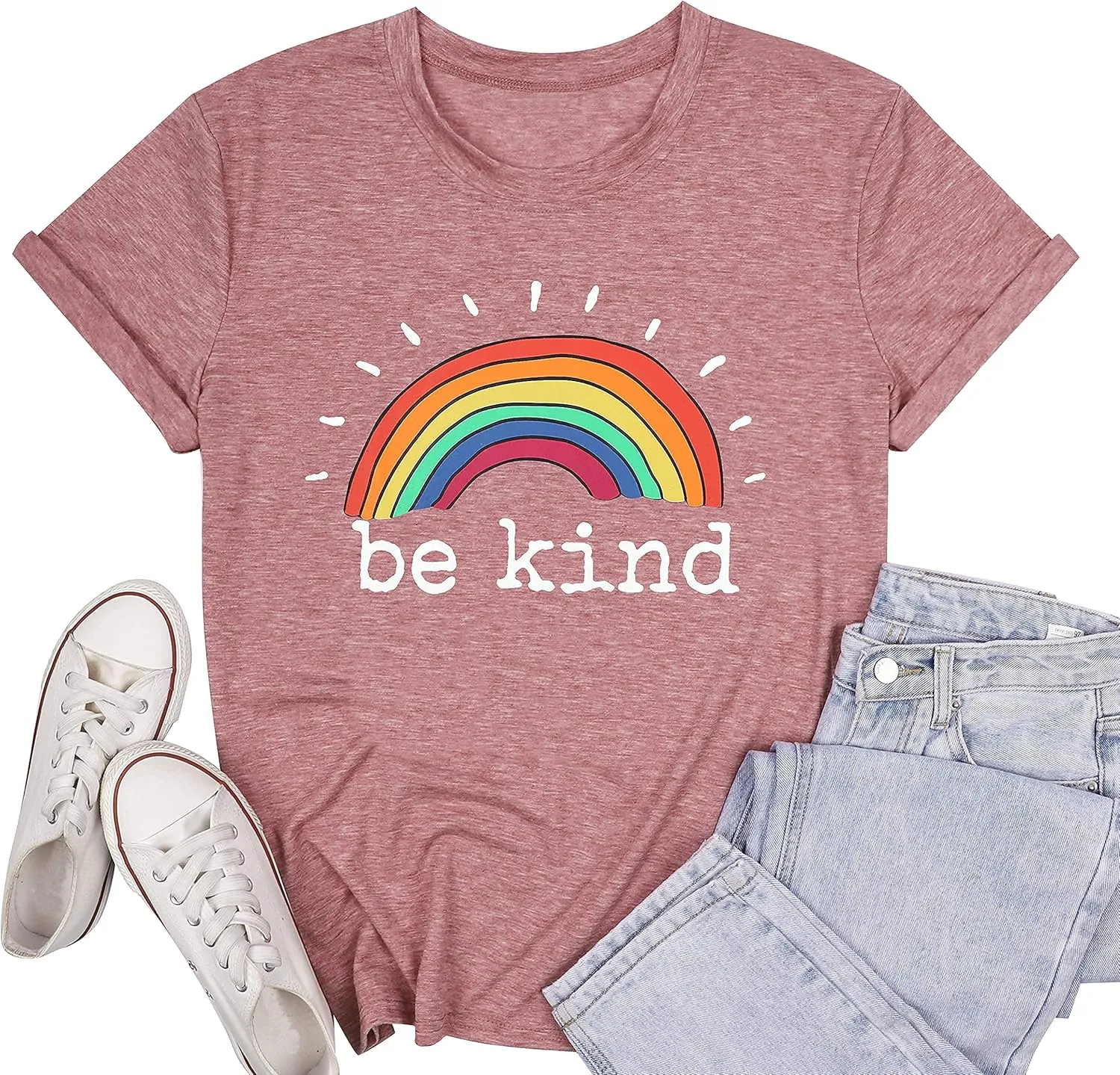 Be Kind Shirts Women Rainbow Graphic Tees Funny Inspirational Saying Casual Positive Short Sleeve Tops Shirts