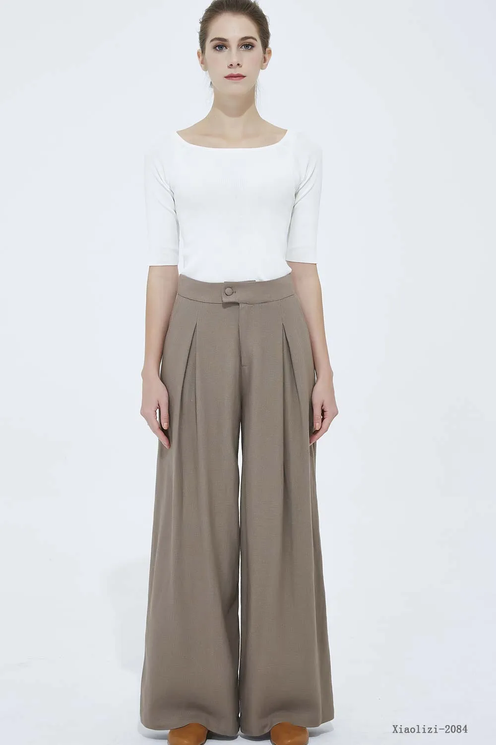 brown wide leg linen pant, casual pant for women 2084#