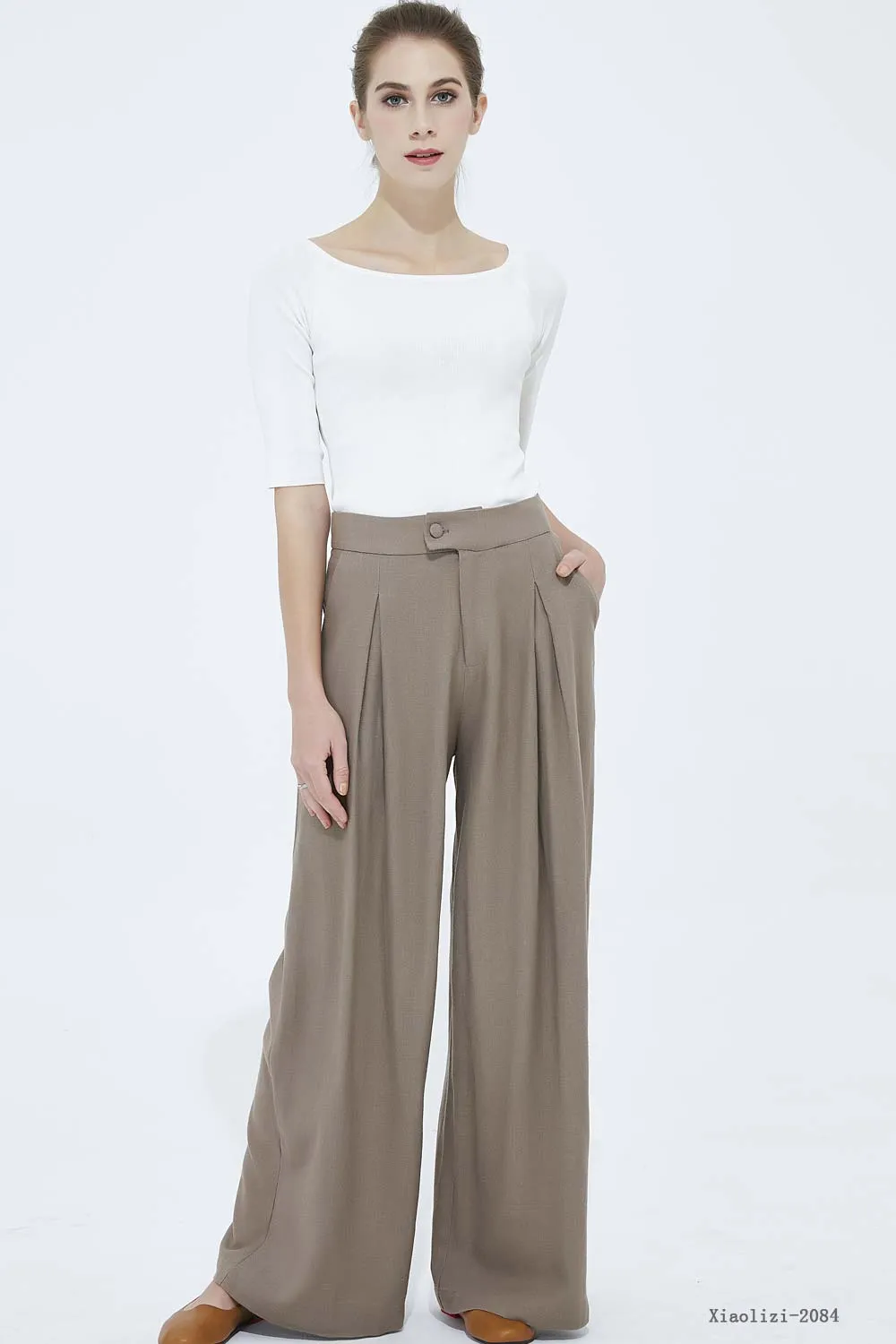 brown wide leg linen pant, casual pant for women 2084#