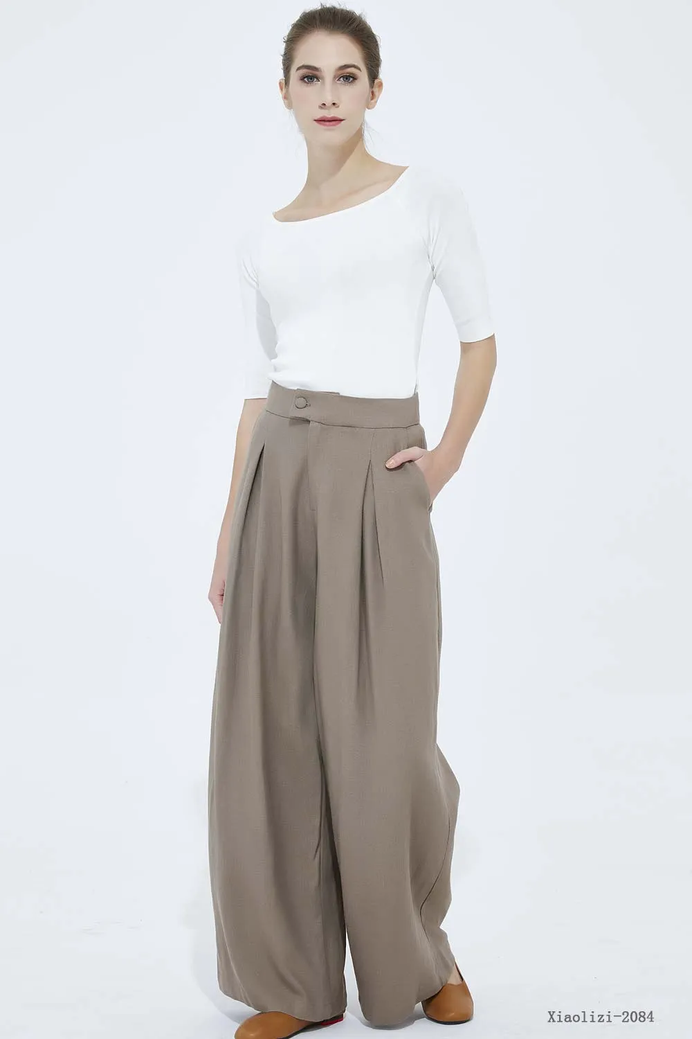 brown wide leg linen pant, casual pant for women 2084#