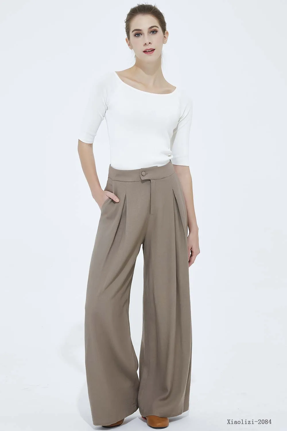 brown wide leg linen pant, casual pant for women 2084#