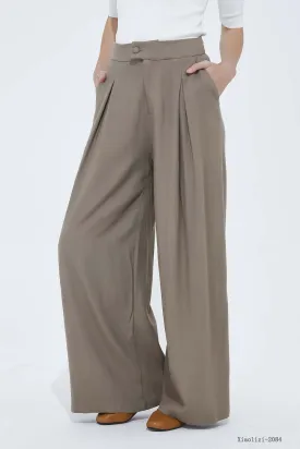 brown wide leg linen pant, casual pant for women 2084#