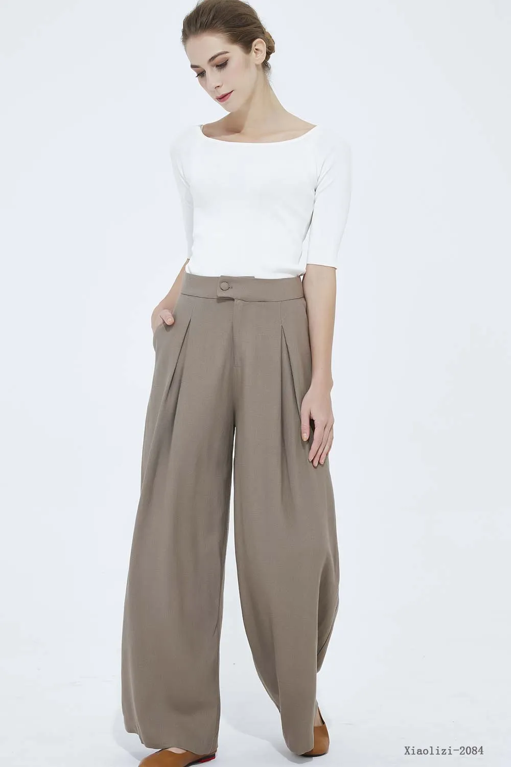 brown wide leg linen pant, casual pant for women 2084#