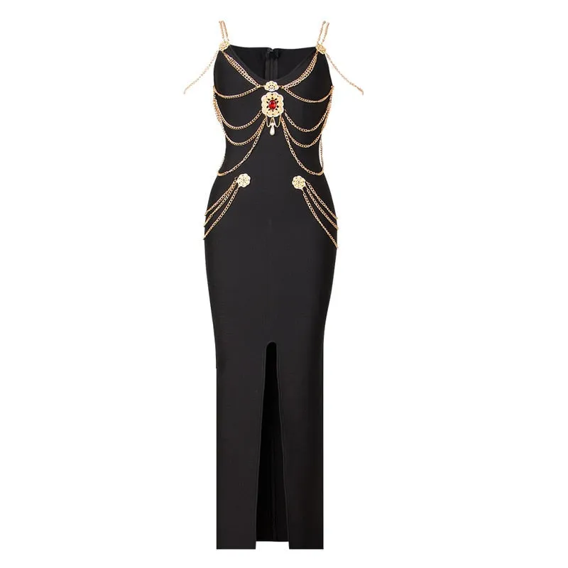 Chain Decor Front Split Bodycon Maxi Dress