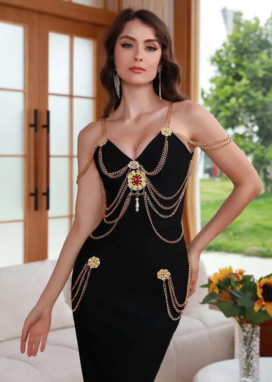 Chain Decor Front Split Bodycon Maxi Dress