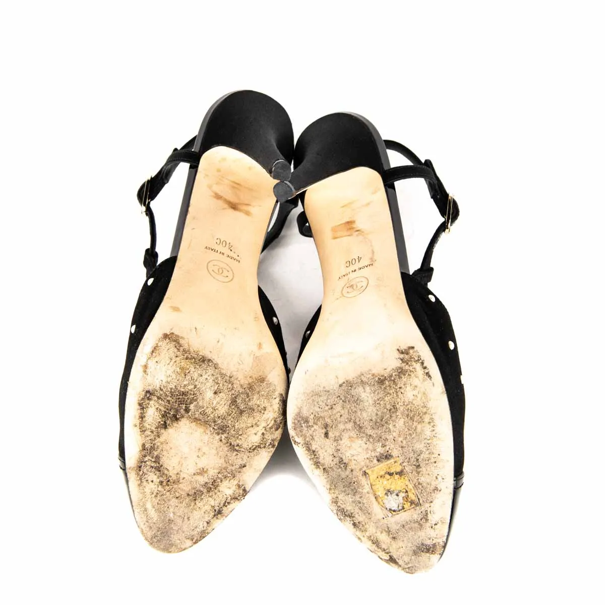 Chanel Black Satin Pearl Embellished CC Pumps Size US 10 | EU 40