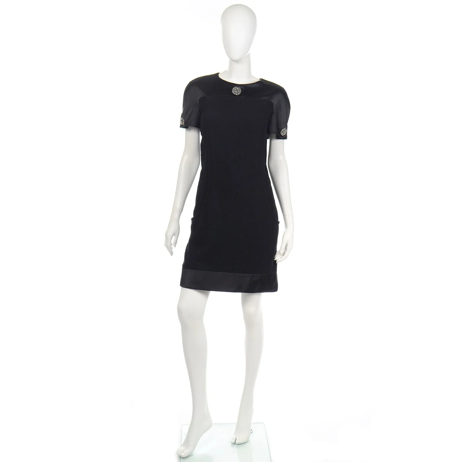 Chanel Fall 2015 Black Silk & Wool Boucle Dress w Gripoix Buttons