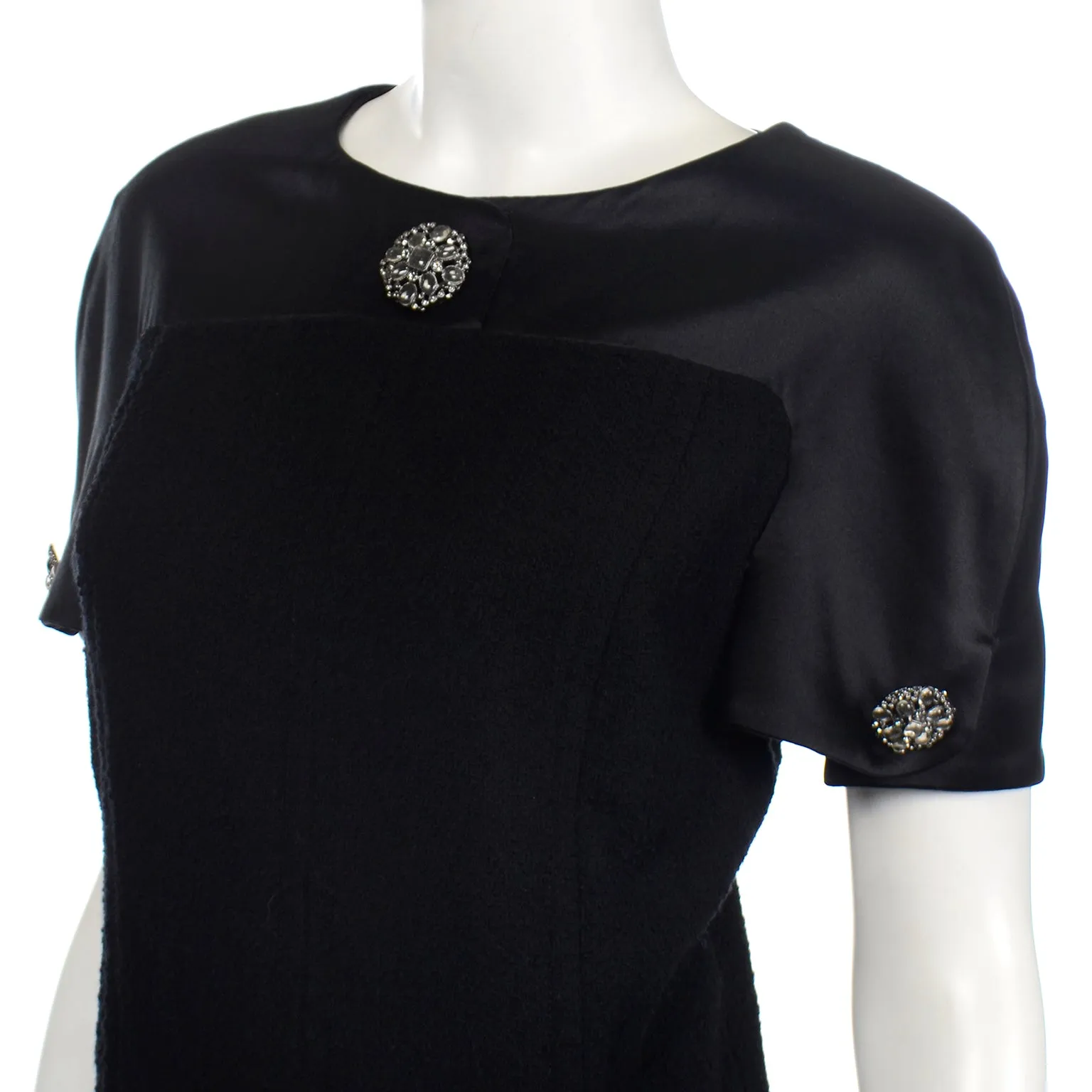 Chanel Fall 2015 Black Silk & Wool Boucle Dress w Gripoix Buttons