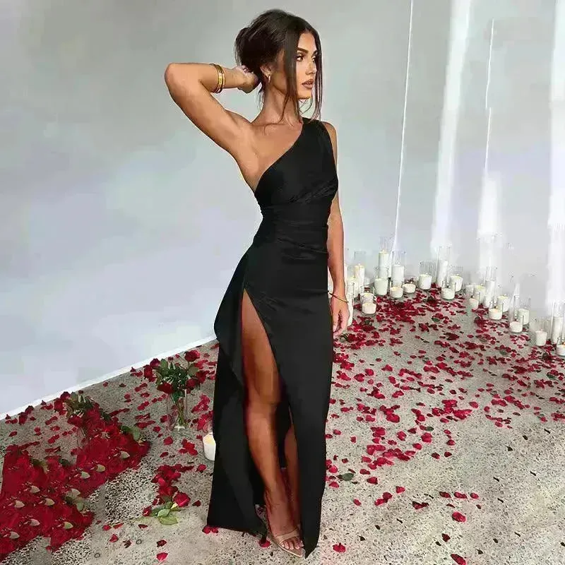 Charming One-shoulder Backless Split Dress Summer Elegant Slim-fit Solid Color Satin Dresses For Women