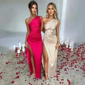 Charming One-shoulder Backless Split Dress Summer Elegant Slim-fit Solid Color Satin Dresses For Women