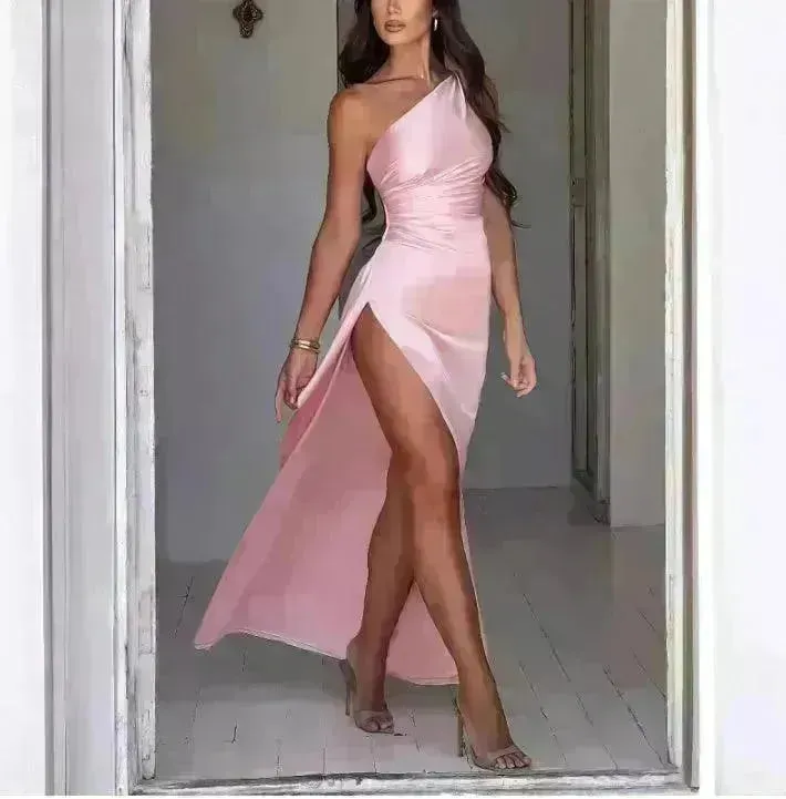 Charming One-shoulder Backless Split Dress Summer Elegant Slim-fit Solid Color Satin Dresses For Women