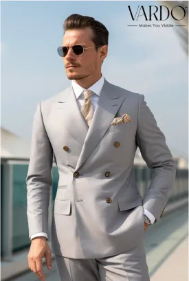 Classic Light Grey Double Breasted Suit for Men - Timeless Style and Elegance- Tailored Suit - The Rising Sun store, Vardo