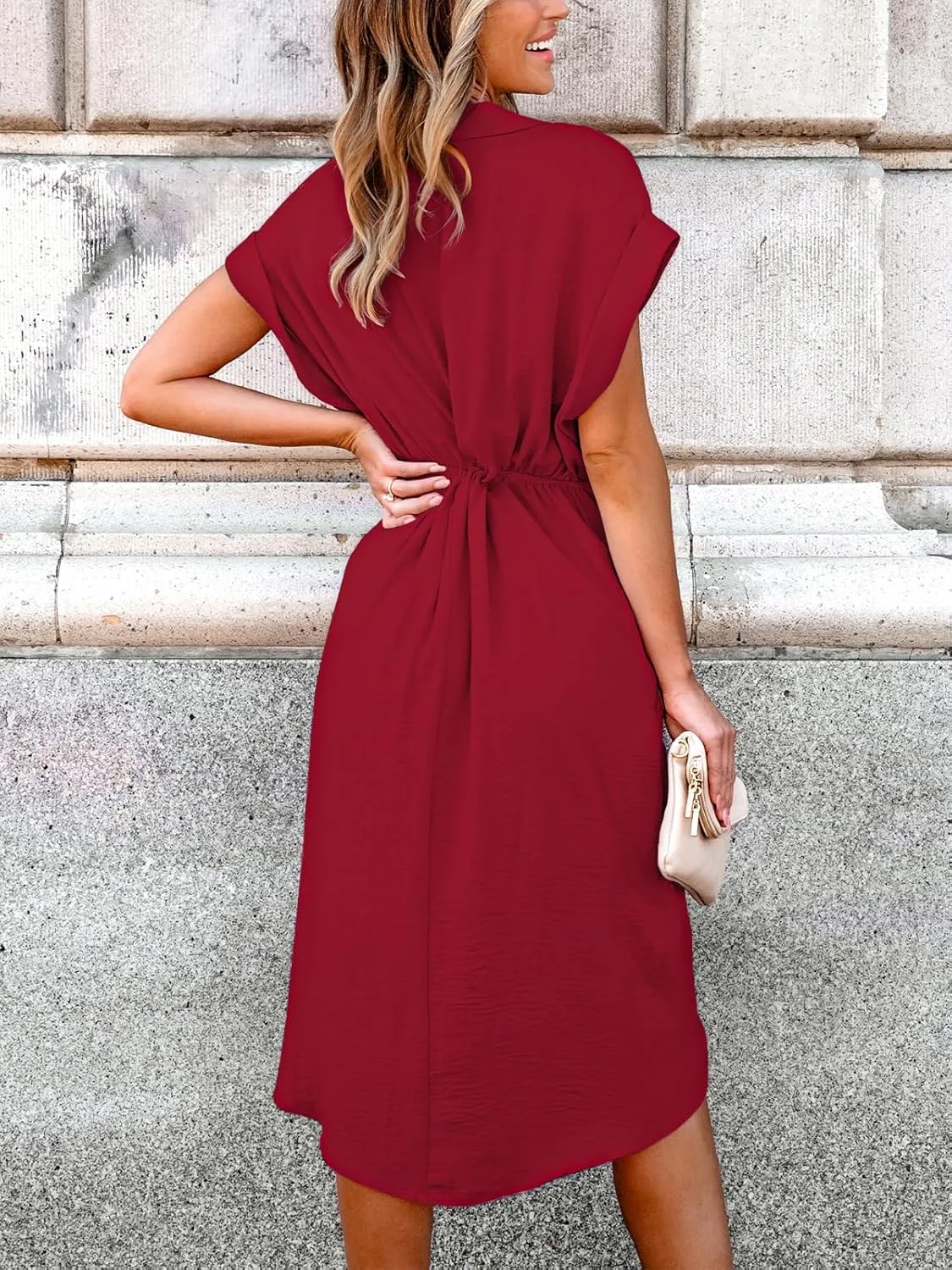 CUPSHE Midi Dress for Women 2025 V Neck Short Sleeves Knotted Pockets Tunic Waist Spring Casual Dress