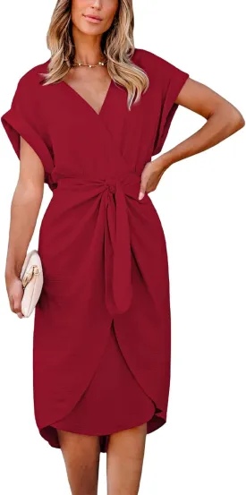 CUPSHE Midi Dress for Women 2025 V Neck Short Sleeves Knotted Pockets Tunic Waist Spring Casual Dress