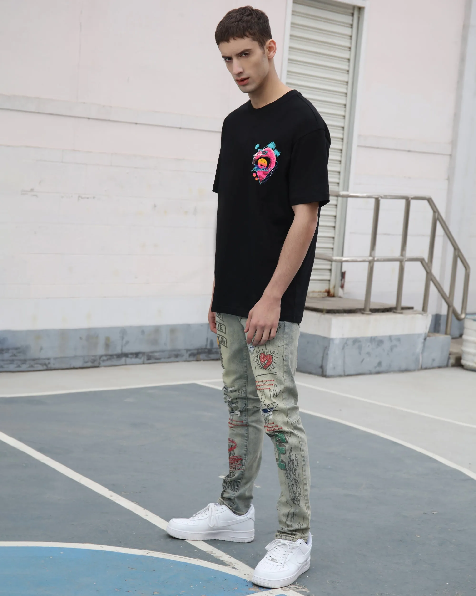 Detailing Graffiti Ripped Blue Washed Jeans-Mexico Local Delivery