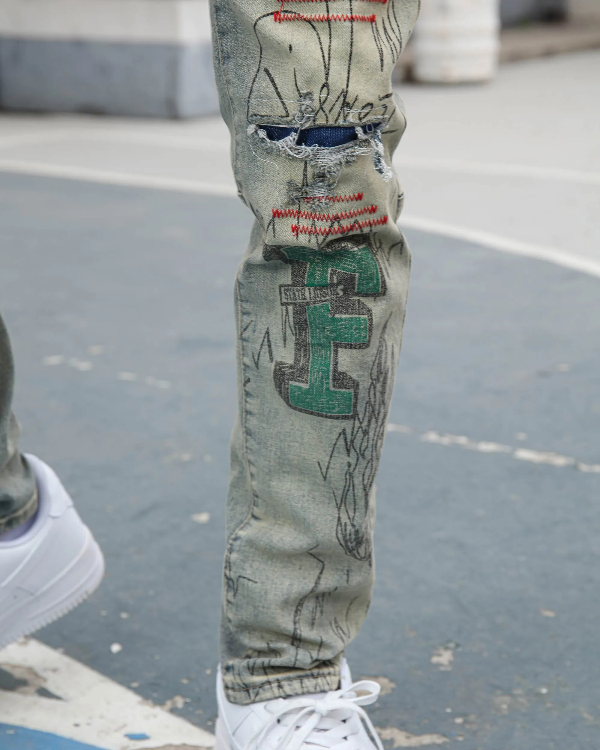 Detailing Graffiti Ripped Blue Washed Jeans-Mexico Local Delivery