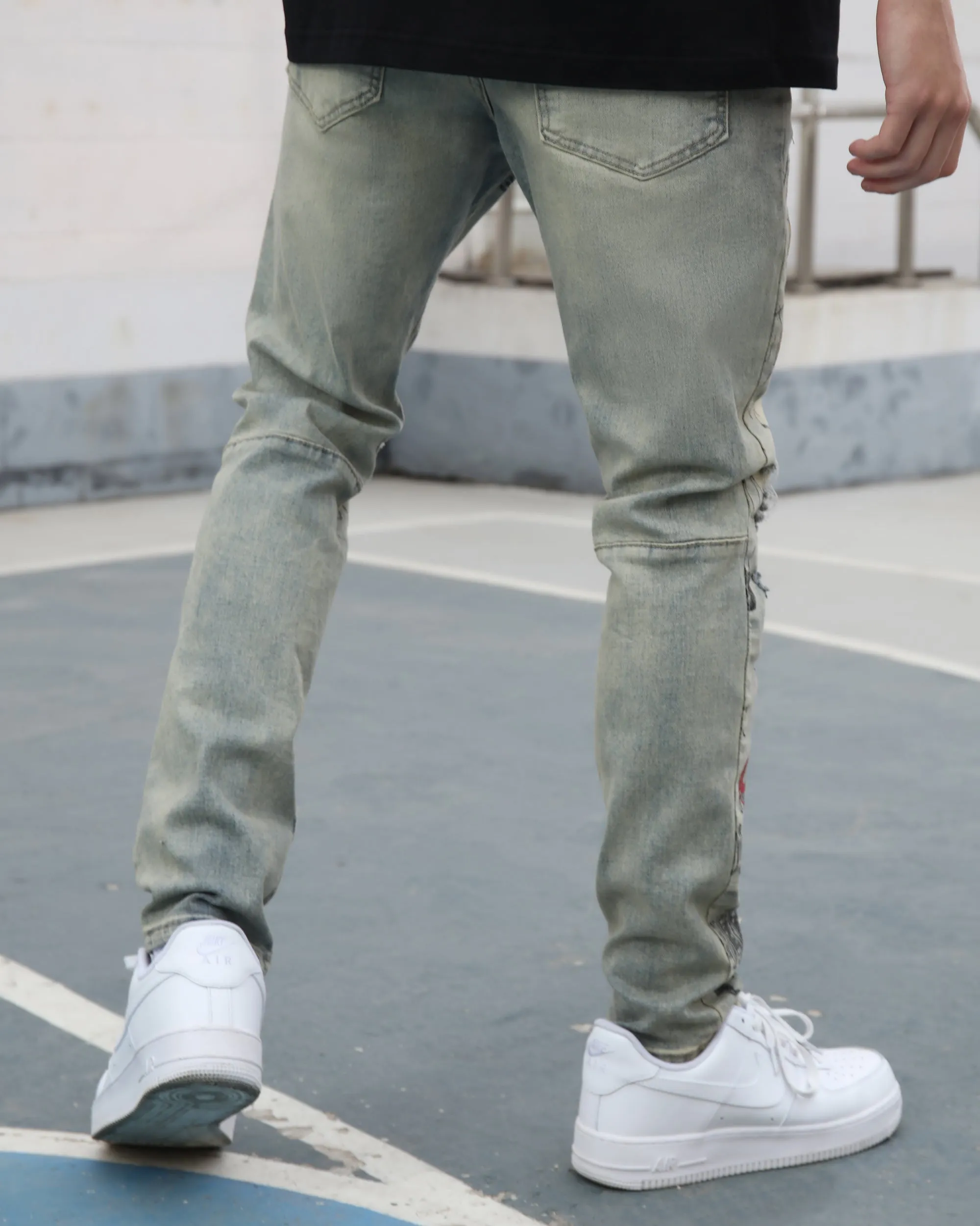 Detailing Graffiti Ripped Blue Washed Jeans-Mexico Local Delivery