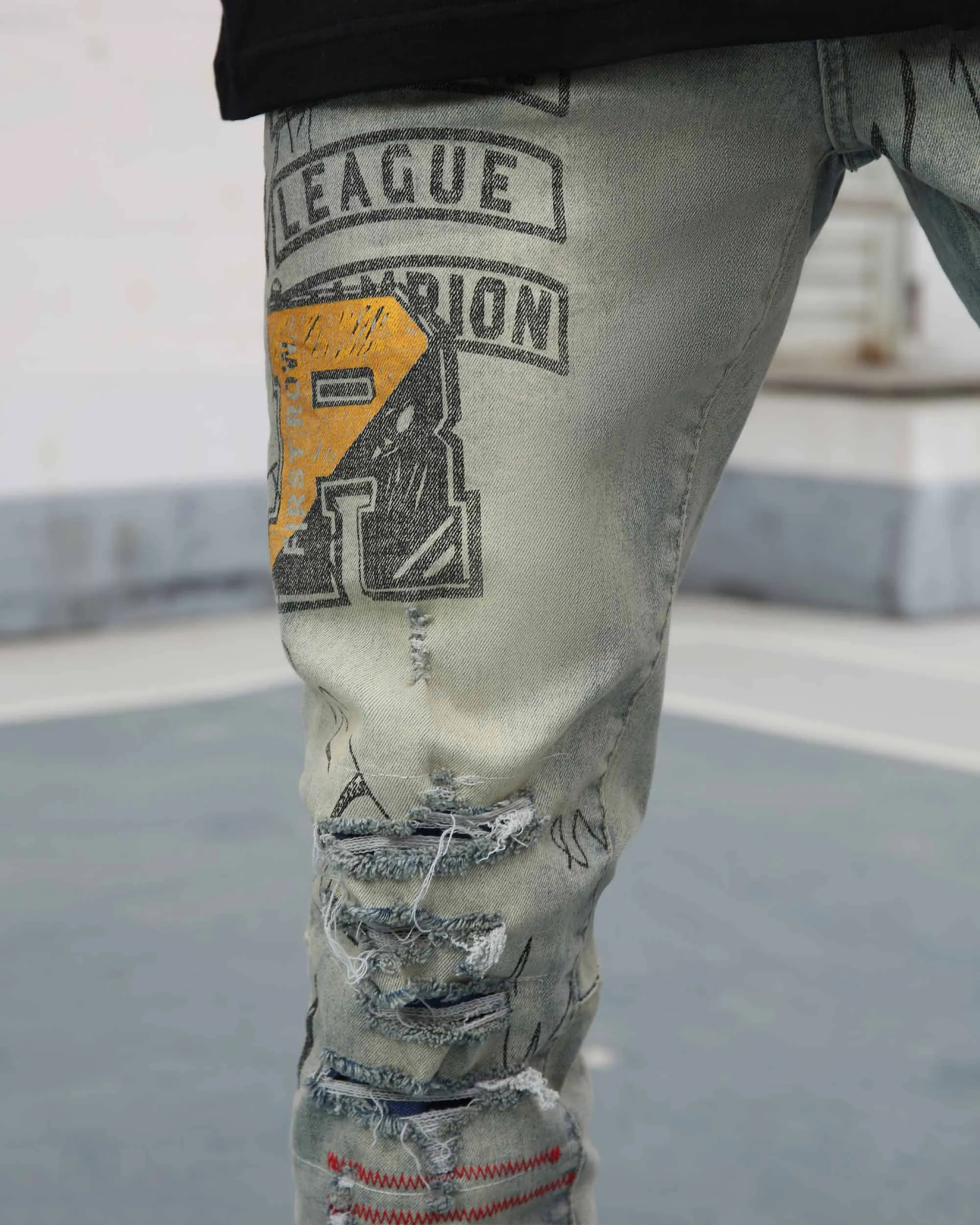 Detailing Graffiti Ripped Blue Washed Jeans-Mexico Local Delivery
