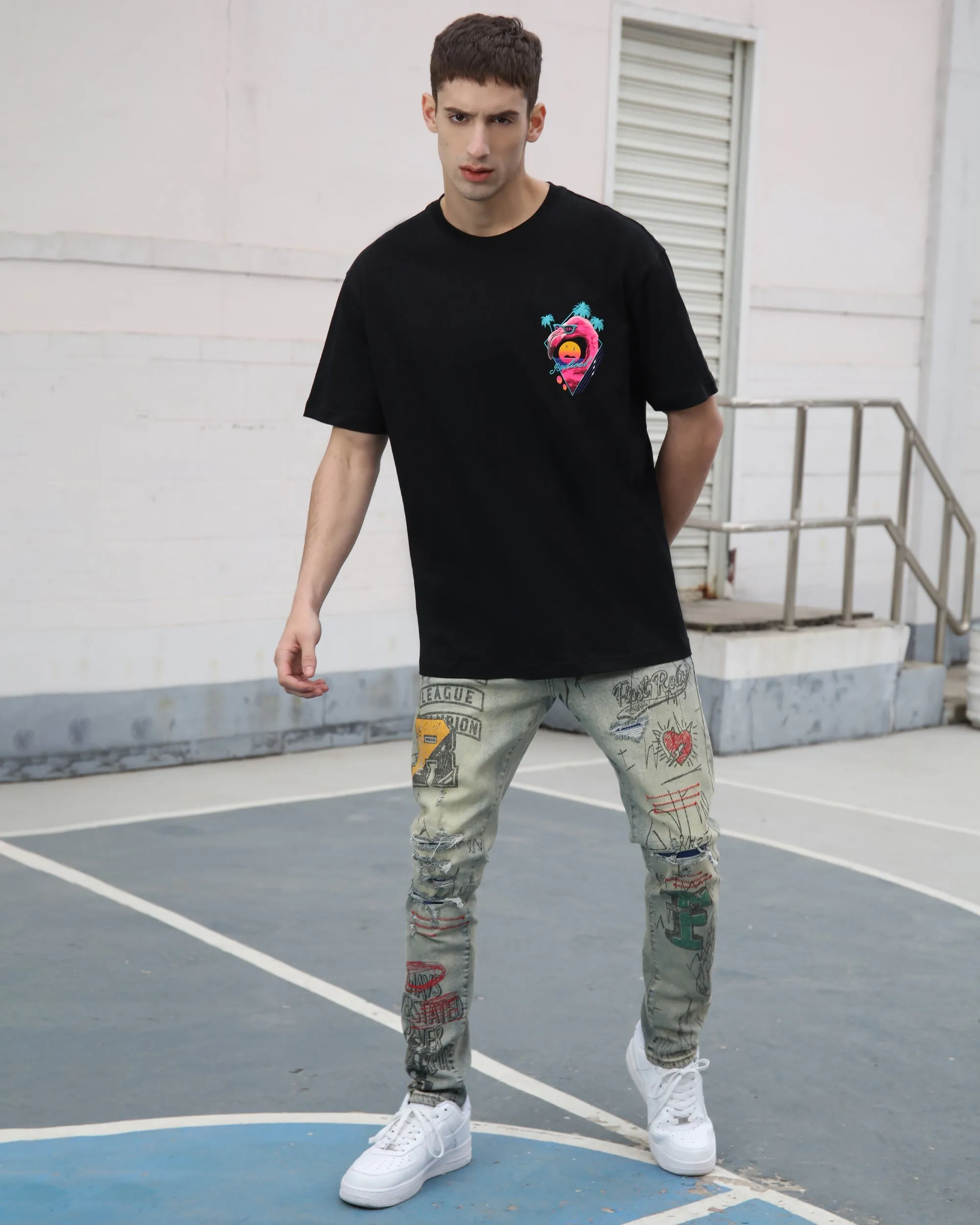 Detailing Graffiti Ripped Blue Washed Jeans-Mexico Local Delivery
