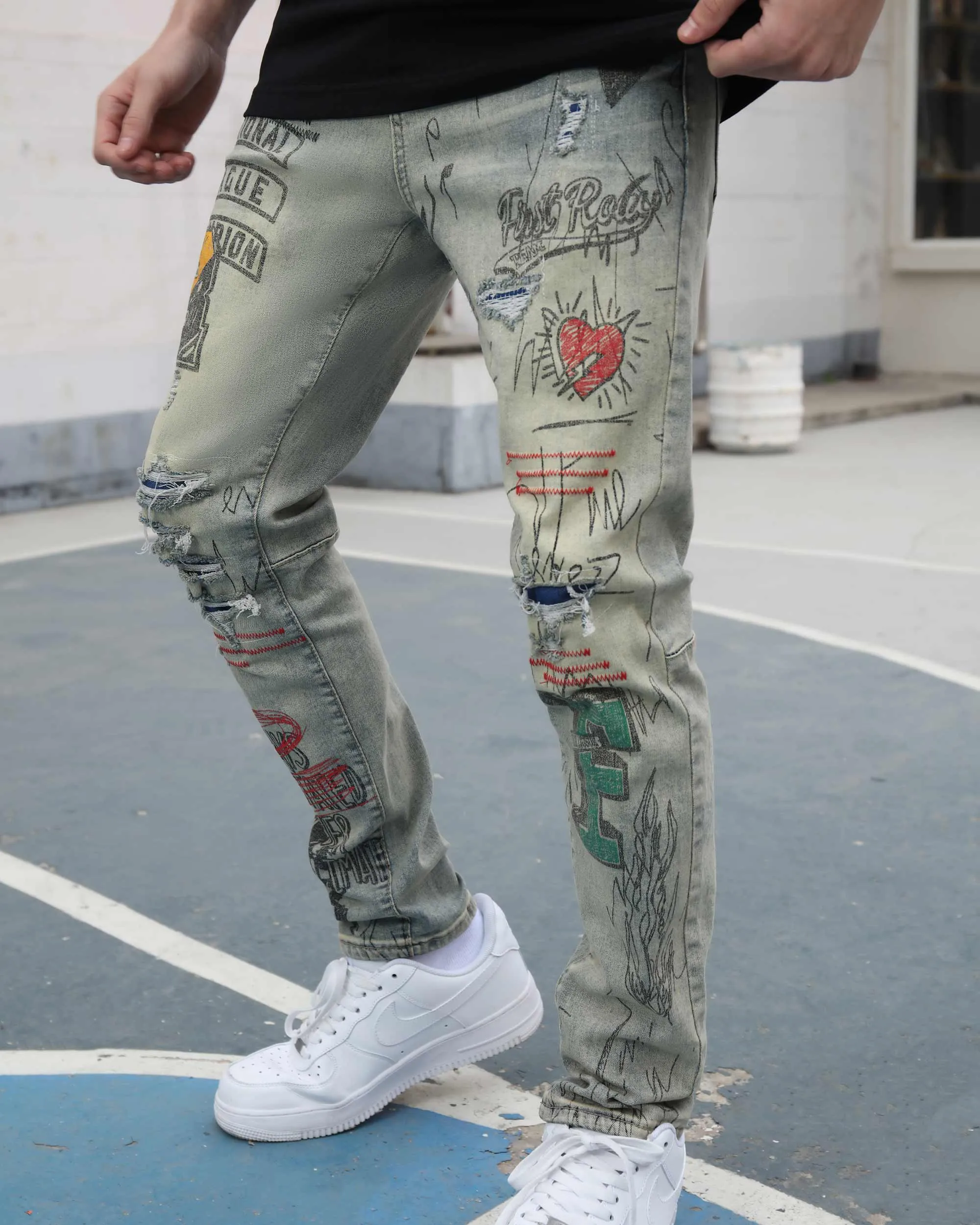 Detailing Graffiti Ripped Blue Washed Jeans-Mexico Local Delivery