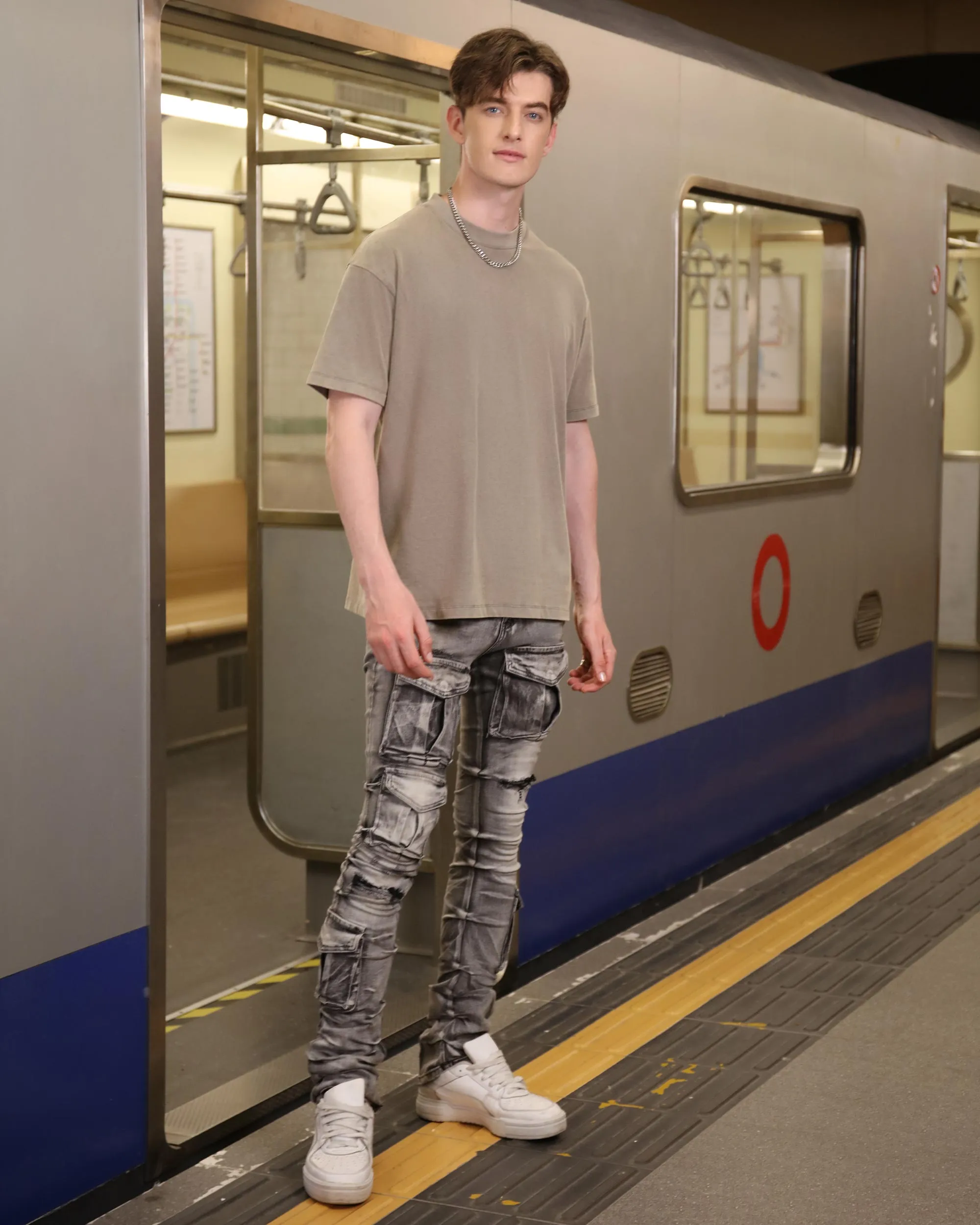 Distressed Gothic Cargo Grey Jeans with Multiple Pockets-Mexico Local Delivery