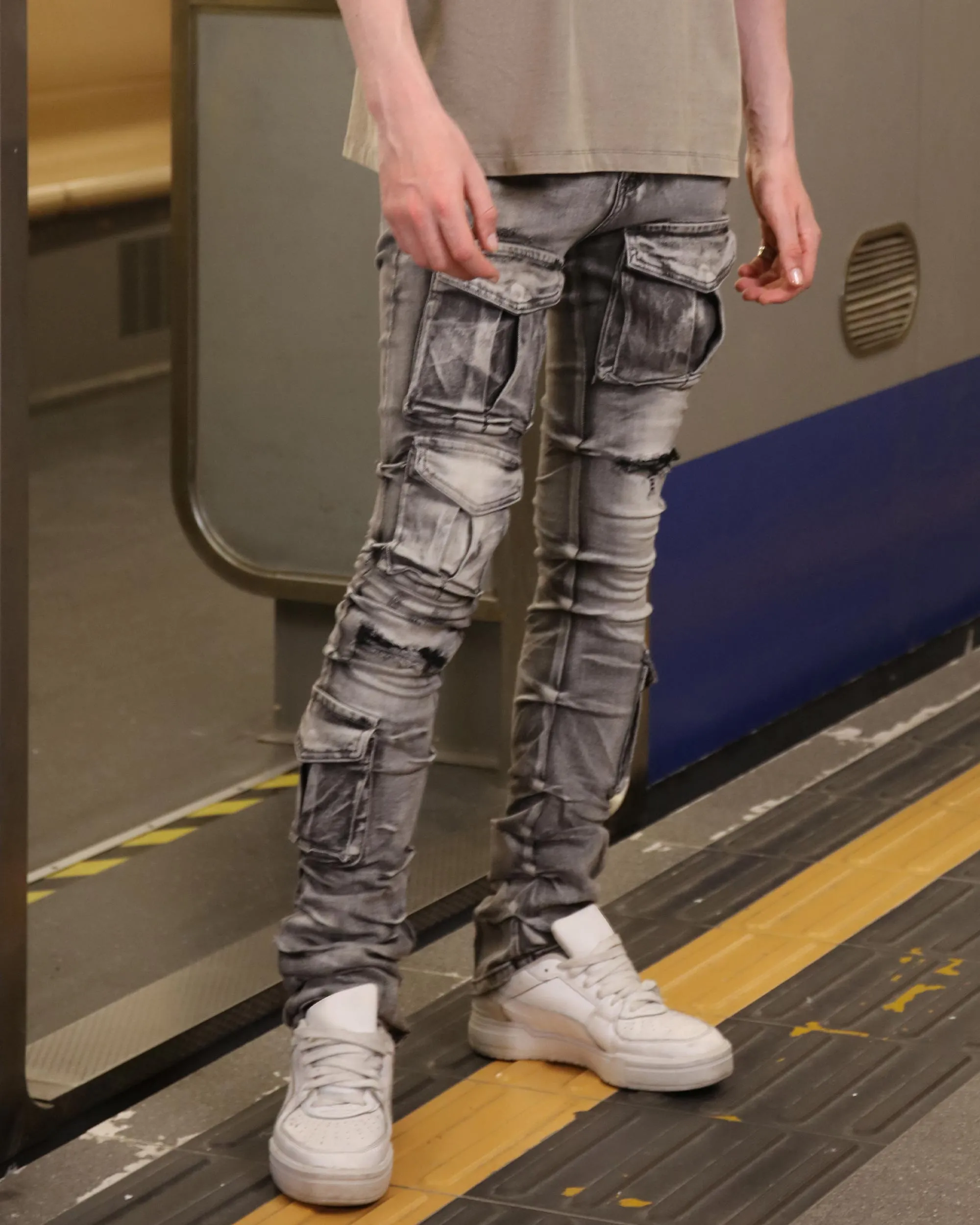 Distressed Gothic Cargo Grey Jeans with Multiple Pockets-Mexico Local Delivery