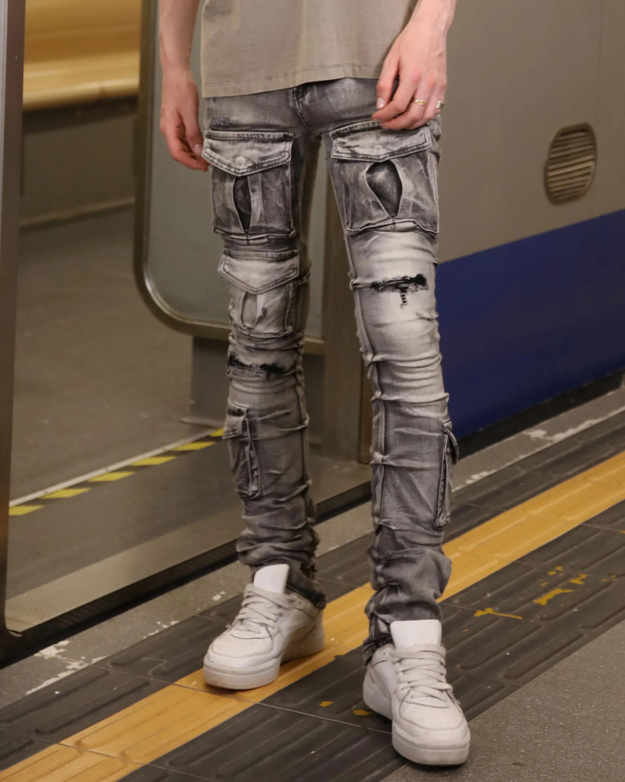 Distressed Gothic Cargo Grey Jeans with Multiple Pockets-Mexico Local Delivery