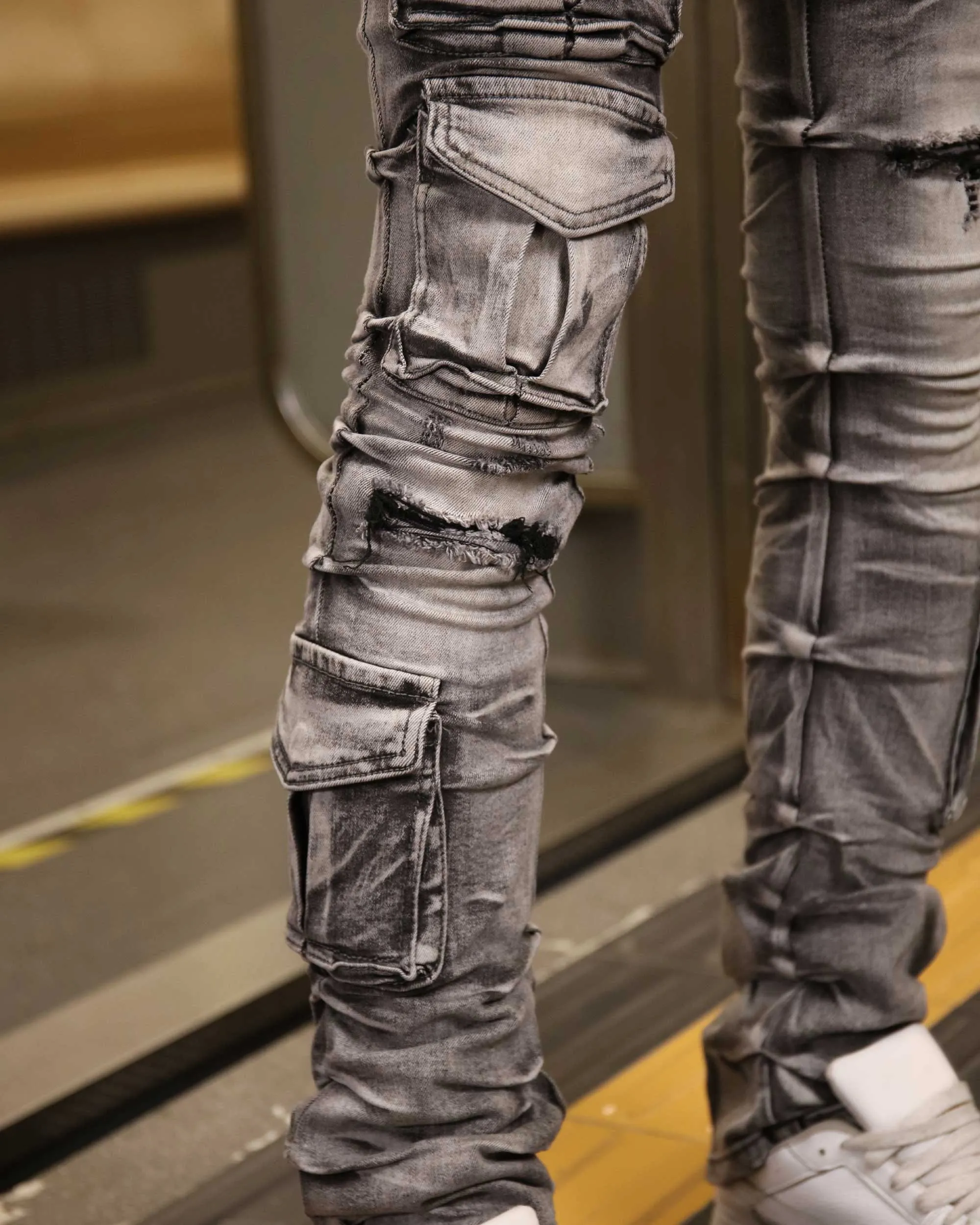 Distressed Gothic Cargo Grey Jeans with Multiple Pockets-Mexico Local Delivery