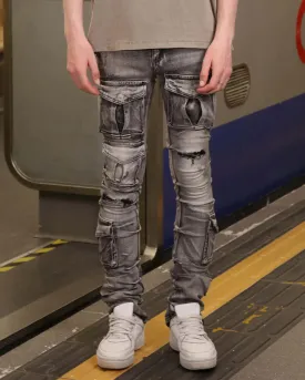 Distressed Gothic Cargo Grey Jeans with Multiple Pockets-Mexico Local Delivery