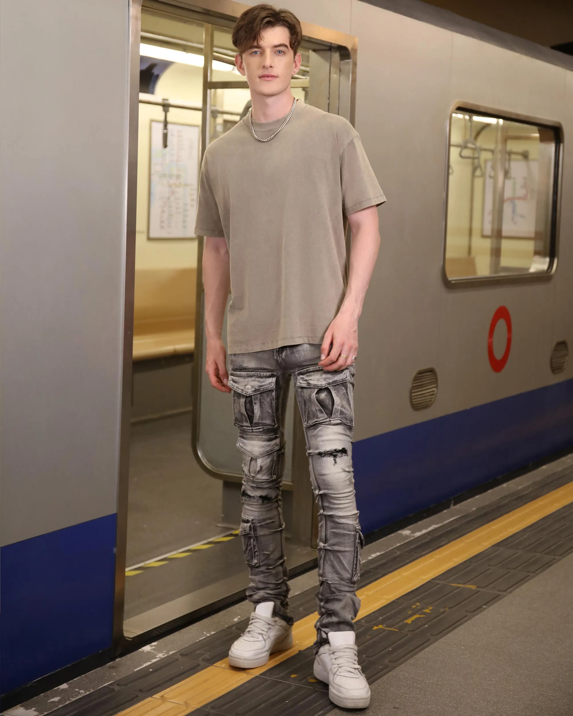 Distressed Gothic Cargo Grey Jeans with Multiple Pockets-Mexico Local Delivery