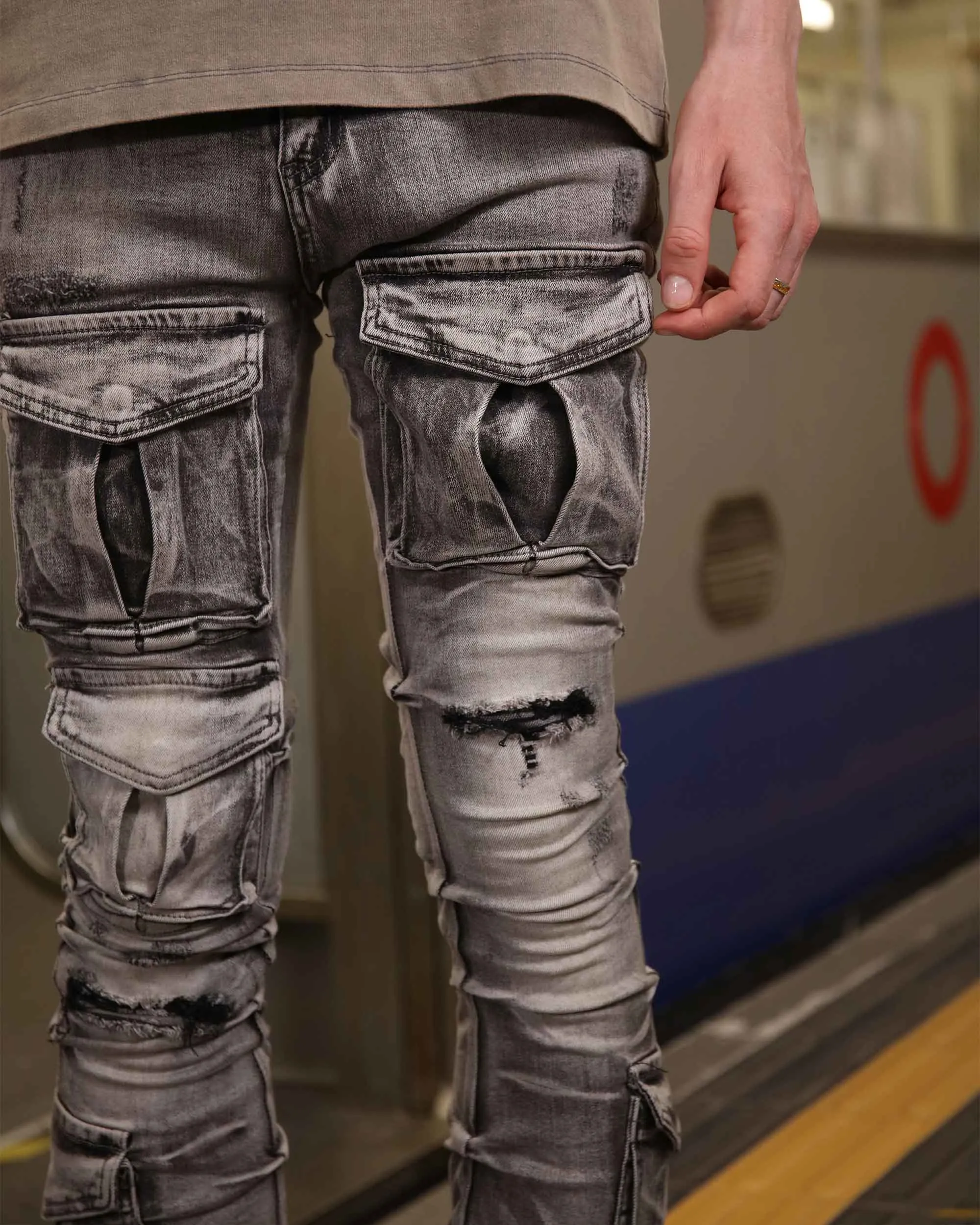 Distressed Gothic Cargo Grey Jeans with Multiple Pockets-Mexico Local Delivery