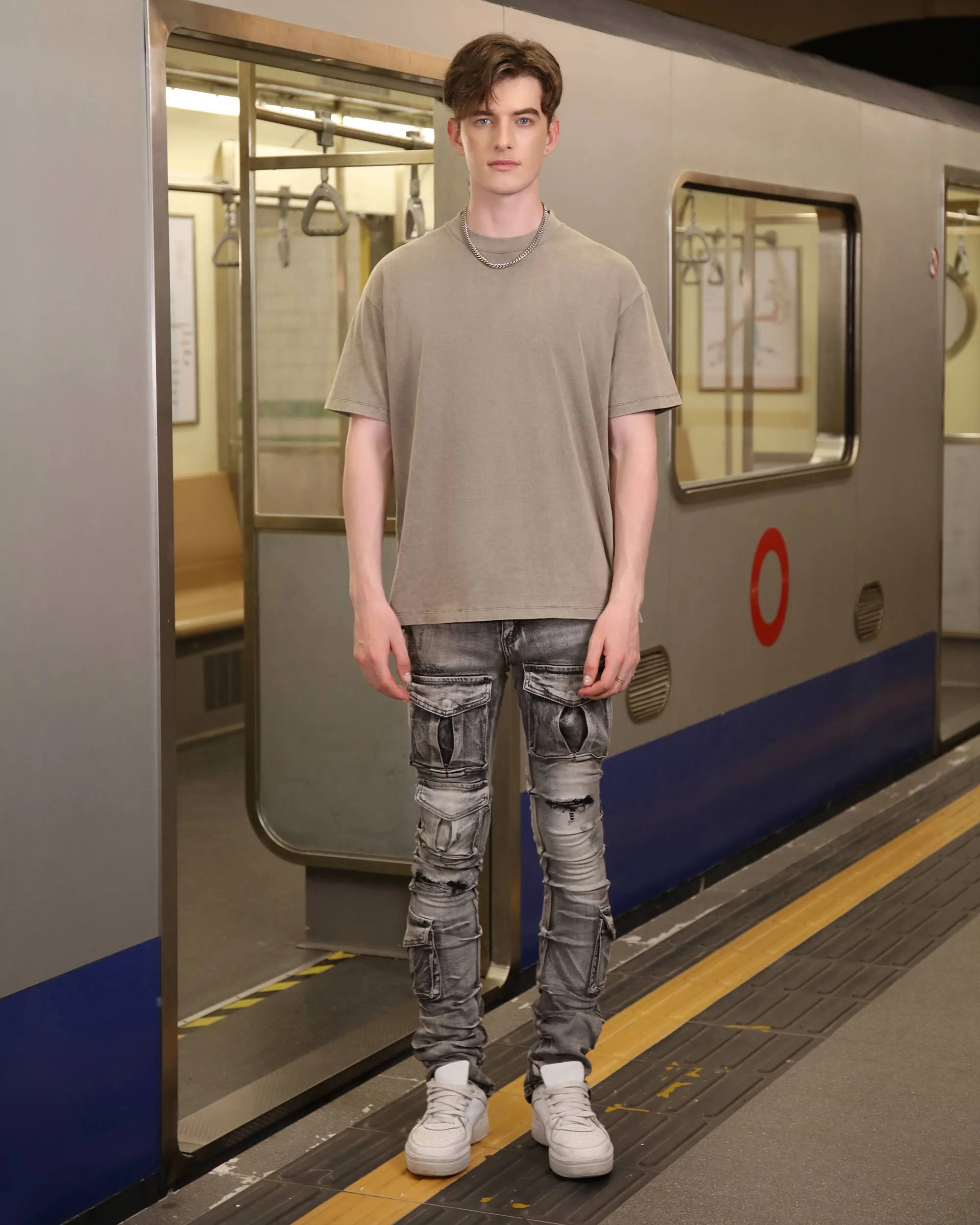 Distressed Gothic Cargo Grey Jeans with Multiple Pockets-Mexico Local Delivery