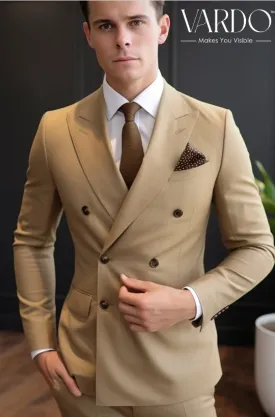 Elegant Light Golden Brown Double Breasted Suit- Premium Men's Wedding Suit - Tailored Fit, The Rising Sun store, Vardo