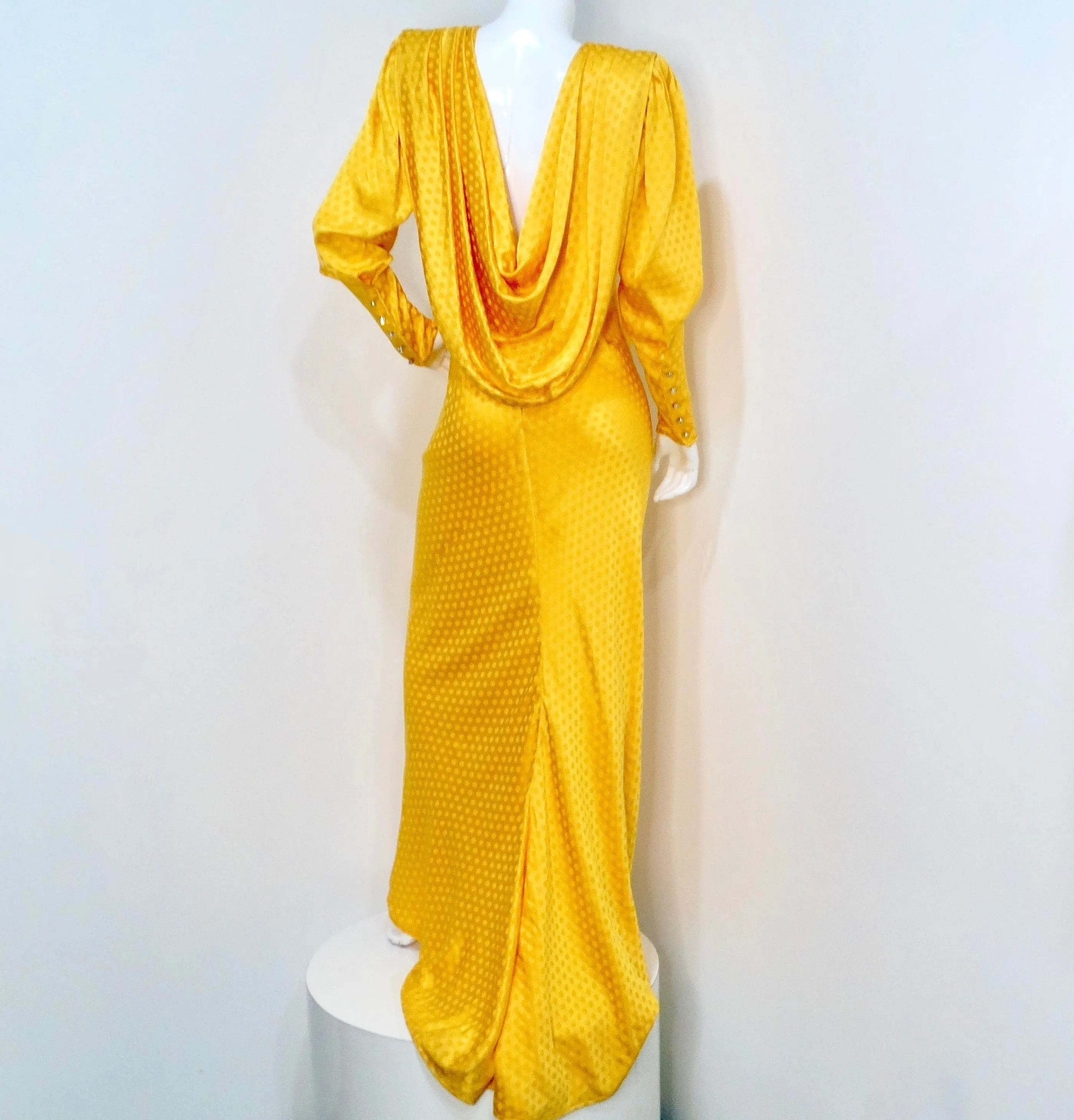 Emanul Ungaro Vintage 1970s Yellow Polka-dot Draped Silk Gown