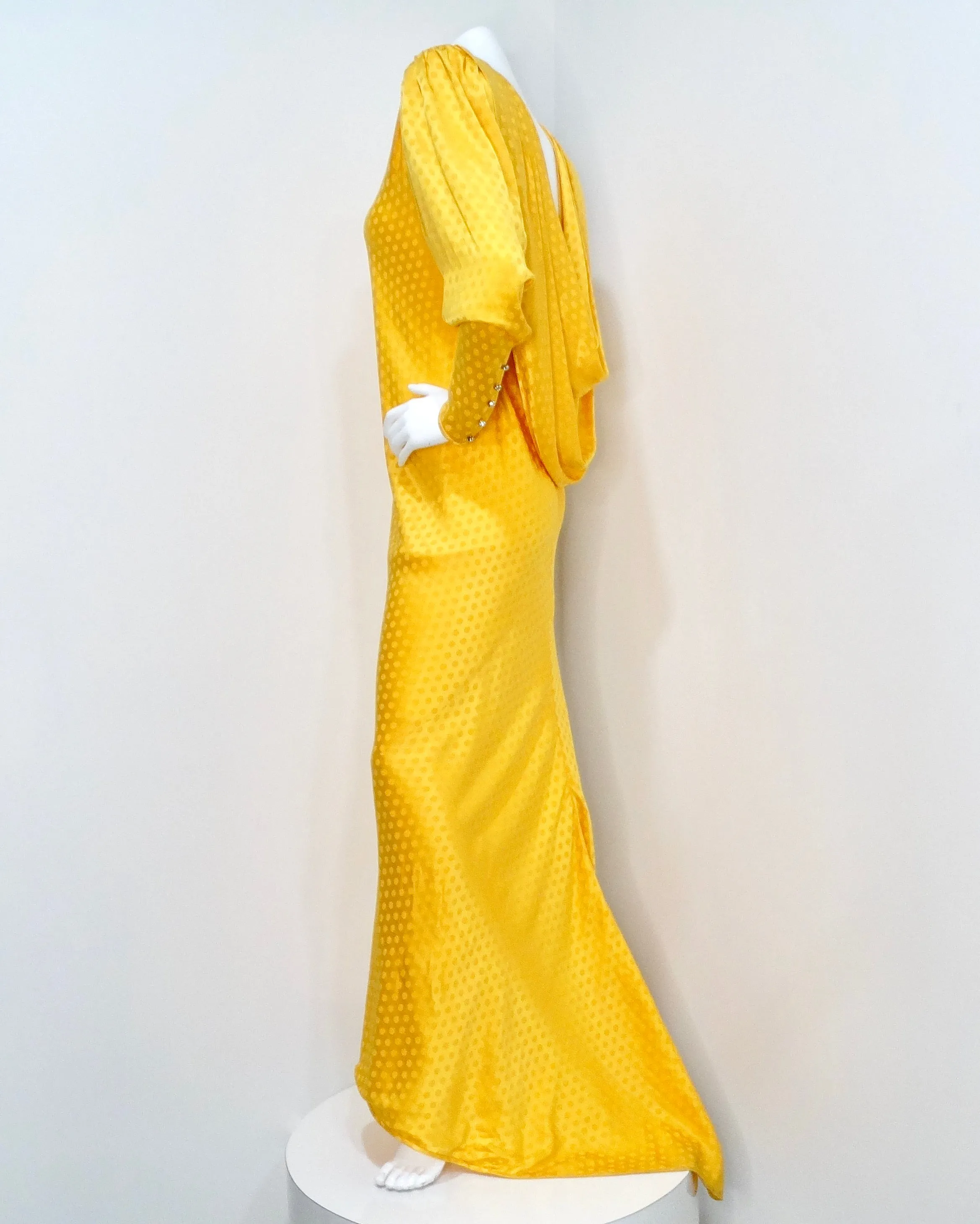 Emanul Ungaro Vintage 1970s Yellow Polka-dot Draped Silk Gown