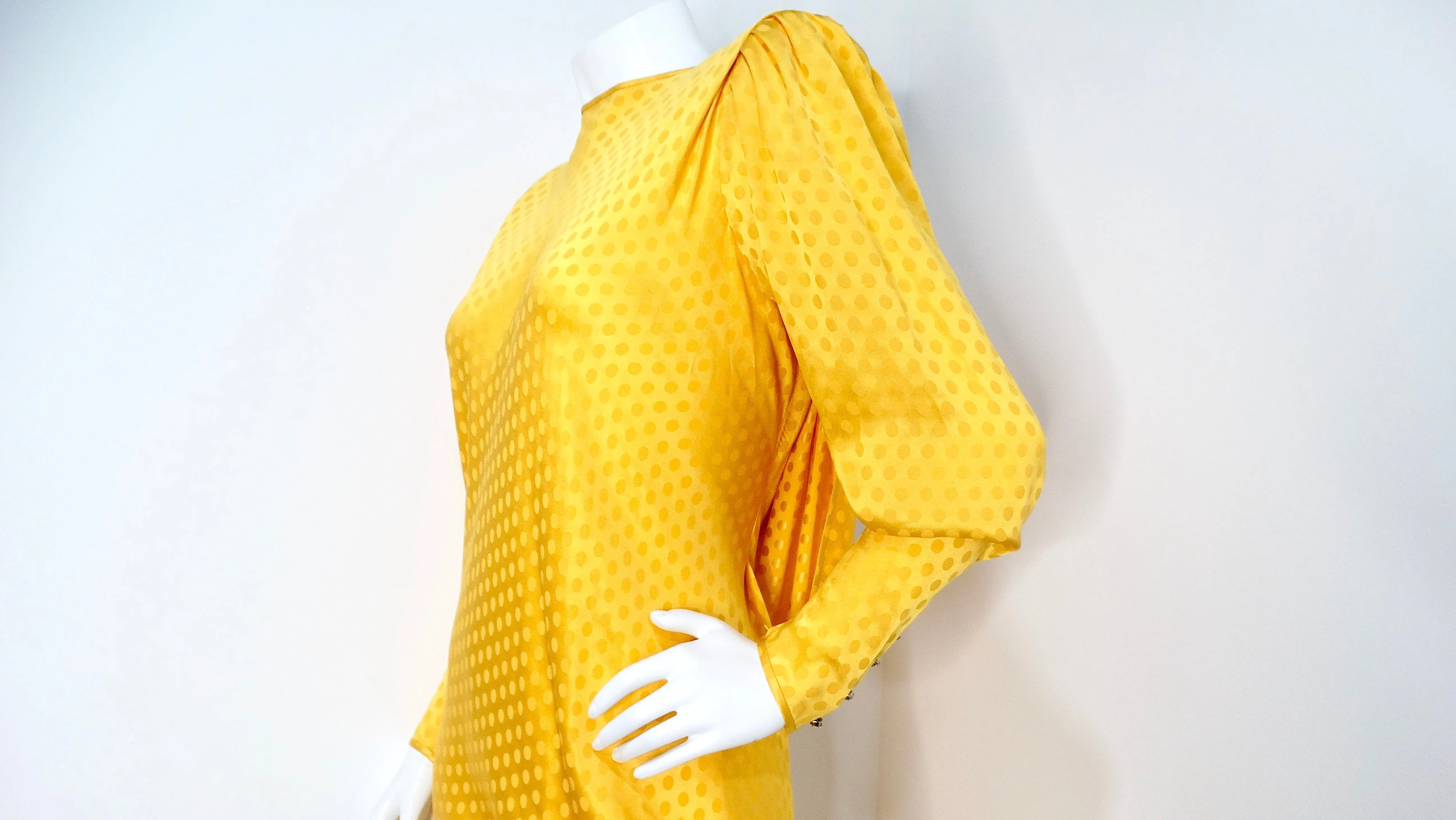 Emanul Ungaro Vintage 1970s Yellow Polka-dot Draped Silk Gown