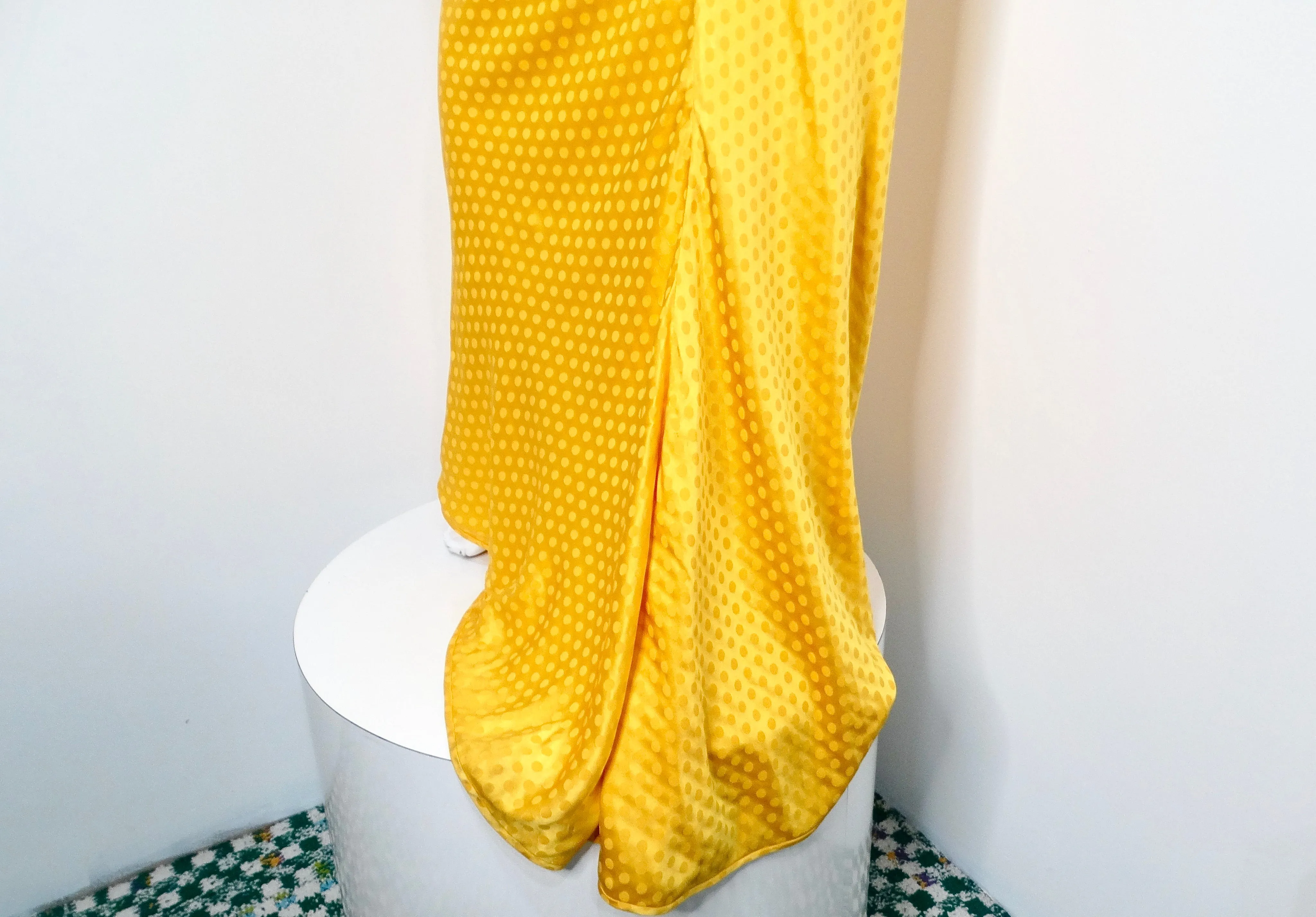 Emanul Ungaro Vintage 1970s Yellow Polka-dot Draped Silk Gown
