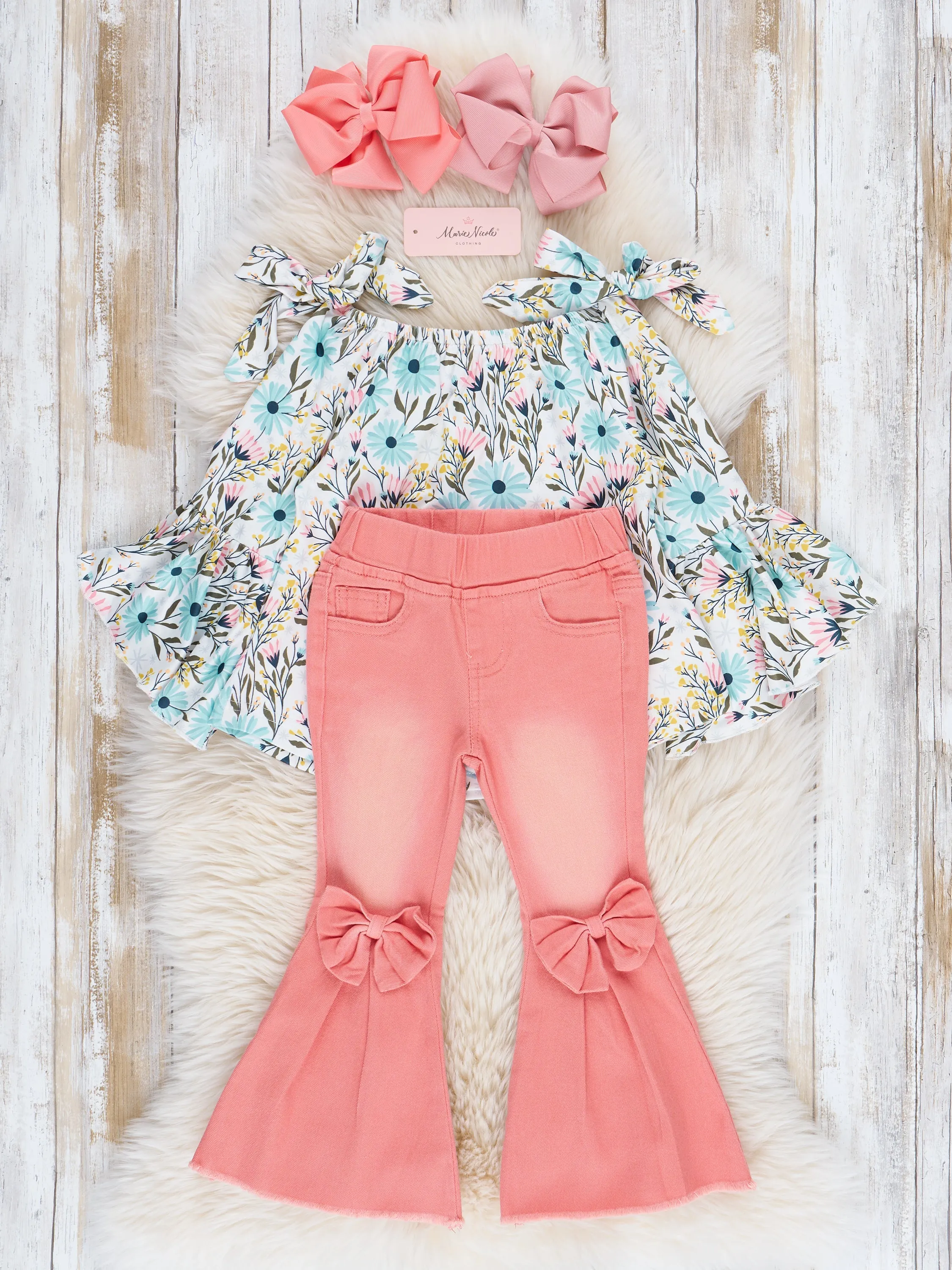 Floral Bell Sleeves & Coral Bow Bell Bottoms Outfit