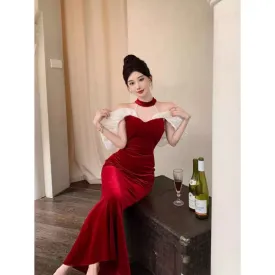 French Style Temperament Ladies Banquet Evening Dress Dress off-Shoulder Sexy Halter Dress Slim-Fit Sheath Dress for Women